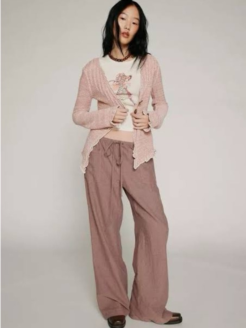 Kimchi Blue Dusty Pink Open-Weave Cardigan